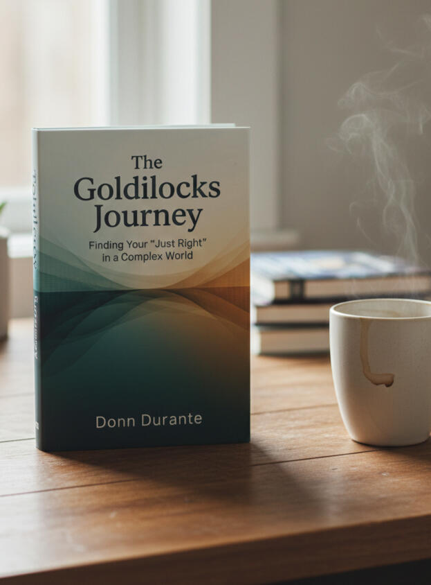 The Goldilocks Journey book cover - Finding Your Just Right in a Complex World by Donn Durante Book cover for The Goldilocks Journey memoir showing the book standing on a tabletop next to a steaming cup of coffee